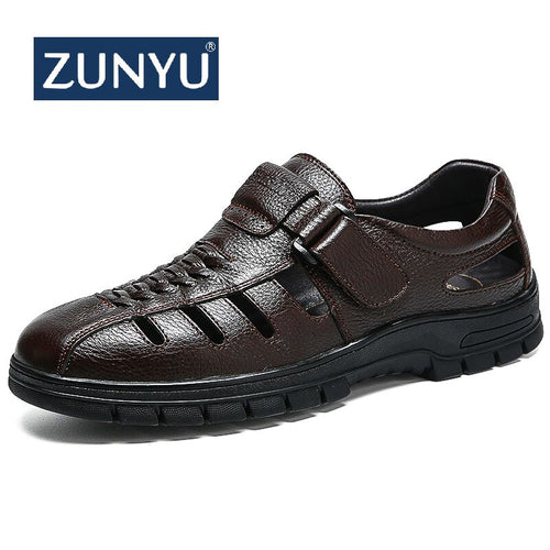 ZUNYU Leather Sandals for Men Summer 2019 New Men Dress Formal Shoes Anti-slip Hollow Sandals for Dad's Man Shoes Size 38-45