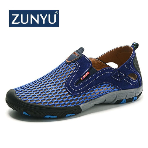 ZUNYU 2019 New Fashion Summer Shoes Men Casual Cowhide Air Mesh Splice Shoes Large Size Lightweight Breathable Slip-on Man Flats